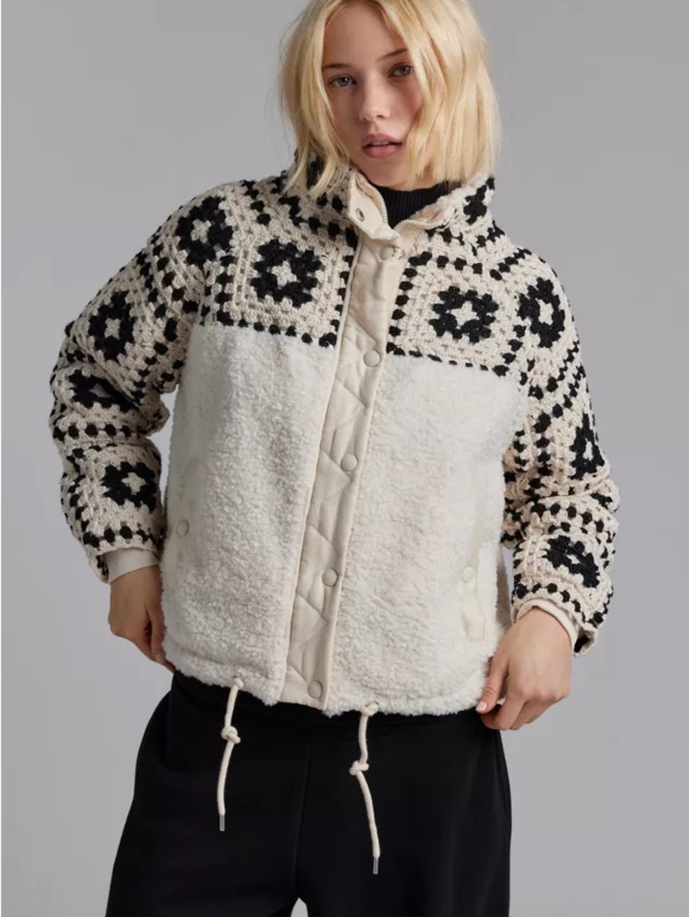 Blank NYC Cream and Black Crochet-Panel Sherpa Jacket